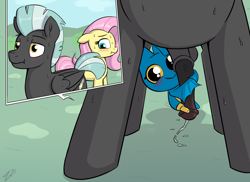 Size: 2648x1932 | Tagged: explicit, artist:heretichesh, fluttershy, :t, adorabat, balls, blushing, crossover, exhibitionism, female, floppy ears, foalcon, framed by legs, g4, horsecock, hug, imported from derpibooru, male, mao mao: heroes of pure heart, mare, nudity, pegasus, penis, penis hug, pony, precum, public, scrunchy face, stallion, sweat, thunderlane, wide eyes