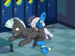 Size: 3060x2304 | Tagged: explicit, artist:heretichesh, age difference, anal, balls, bench, blushing, brother, brothers, clothes, colt, colt on stallion, foal, foalcon, g4, gay, high res, imported from derpibooru, incest, locker room, locker room sex, lockers, male, medial ring, nudity, onomatopoeia, panties, pegasus, penetration, penis, plap, pony, pony on pony action, precum, rumble, sex, ship:rumblelane, shipping, sibling incest, siblings, small dom big sub, socks, spread legs, spreading, stallion, sweat, thunderlane, tiled floor, underwear, wonderbolts