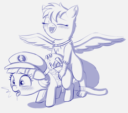 Size: 2632x2340 | Tagged: explicit, artist:heretichesh, oc, oc:amber, ambiguous penetration, anal, badge, bow, canon x oc, clothes, earth pony, female, filly guides, foalcon, futa, futa oc, futa on female, g4, griffon, hat, high res, imported from derpibooru, intersex, interspecies, obscured penetration, penetration, pony, sex, tag-a-long, tail bow