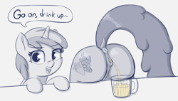 Size: 2283x1296 | Tagged: explicit, artist:heretichesh, anus, ass up, berry punch, clitoris, dialogue, dock, earth pony, female, fetish, filly, foal, foalcon, g4, implied piss drinking, imported from derpibooru, mare, mug, nudity, pee in container, pissing, pissing in a glass, ponut, pony, ruby pinch, text, unicorn, urine, vagina, vulva, watersports