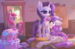 Size: 2676x1771 | Tagged: explicit, artist:jumperkit, pinkie pie, rarity, sweetie belle, age difference, anus, bag, bedroom eyes, blue eyes, blue eyeshadow, butt, cake, caught, cherry, dock, ear fluff, earth pony, eyelashes, eyeshadow, female, females only, filly, floppy ears, foal, foalcon, food, foodplay, frog (hoof), g4, green eyes, heart, horn, horn licking, hornjob, human vulva on pony, imported from derpibooru, incest, lesbian, licking, lying down, makeup, mare, nudity, open mouth, plot, pony, raised hoof, raised leg, raricest, saddle bag, ship:raribelle, shipping, source needed, spread legs, spreading, surprised, trio, underhoof, unicorn, vulva, whipped cream