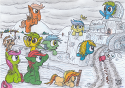 Size: 4534x3191 | Tagged: explicit, artist:vovi, oc, oc:bloo bunny, oc:blue berry, oc:camping fire, oc:forest fire, oc:fruity soft, oc:hnědá packa, oc:little bladder, oc:peachy dream, oc:plum virgin sentry, oc:void virgin sparkles, alicorn, balls, casual nudity, colt, confused, crotchboobs, dock, earth pony, female, filly, foal, foalcon, horse apples, icicle, imported from derpibooru, lantern, male, nipples, nudity, oc only, pegasus, pony, poop, sheath, sheathed, siblings, snow, snowball, snowpony, surprised, teats, unicorn, winter, yellow snow