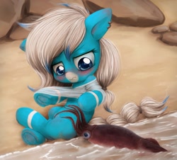 Size: 1350x1221 | Tagged: explicit, artist:darkstylerz, oc, oc:freezing blizzard, advertisement, annoyed, belly, blushing, clothes, commission, crotchboobs, cute, delicious flat crotch, ear piercing, female, filly, foal, foalcon, freckles, frog (hoof), g4, hooves, imported from derpibooru, misleading thumbnail, nipples, nudity, partial nudity, piercing, pony, sand, shirt, skin folds, source needed, squid, teats, tentacles, tentacles on filly, underhoof, useless source url, wet clothes, wet shirt, ych result