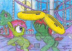Size: 2267x1597 | Tagged: explicit, artist:vovi, oc, oc:plum virgin sentry, oc:void virgin sparkles, anus, balls, bathing, berry punch, brother and sister, casual nudity, colt, crotchboobs, dock, female, filly, foal, foalcon, g4, happy, imported from derpibooru, male, nipples, nudity, ponut, pony, ruby pinch, siblings, slide, summer, taint, teats, traditional art, tree, unicorn