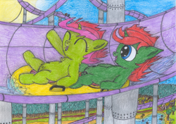 Size: 2267x1592 | Tagged: explicit, artist:vovi, oc, oc:plum virgin sentry, oc:void virgin sparkles, balls, brother and sister, casual nudity, colt, crotchboobs, dock, female, filly, foal, foalcon, happy, imported from derpibooru, male, nipples, nudity, oc only, pony, sheath, sheathed, siblings, slide, summer, teats, traditional art, unicorn, vulva