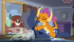 Size: 8000x4500 | Tagged: explicit, artist:metalhead97, oc, oc:spectre phase, abdominal bulge, absurd resolution, bed, bedroom, blue changeling, canon x oc, caught, changeling, commission, complex background, creampie, cum, cumming, dragon, dragoness, drool, excited, excitement, eyes closed, female, foalcon, g4, i can't believe it's not hasbro studios, imported from derpibooru, inviting, kiss on the lips, kissing, making out, male, messy, orgasm, penetration, school of friendship, sex, shipping, show accurate, show accurate porn, smiling, smolder, smolderriere, straight, vaginal, vaginal secretions, vaginal secretions trail, wings, yak, yona