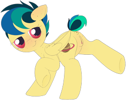 Size: 1726x1377 | Tagged: explicit, artist:high-horse, oc, oc:apogee, blushing, female, filly, foal, foalcon, freckles, imported from derpibooru, nudity, oc only, pegasus, pony, presenting, solo, solo female, tail wrap, vagina, vulva