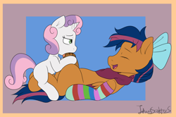 Size: 1929x1284 | Tagged: explicit, artist:itwasscatters, sweetie belle, oc, oc:solar comet, blowjob, bow, canon x oc, clothes, disguise, disguised changedling, eyelashes, female, filly, foal, foalcon, g4, horsecock, imported from derpibooru, male, nudity, oral, pegasus, penis, pony, scarf, sex, socks, stallion, unicorn