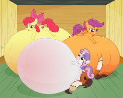 Size: 1280x1024 | Tagged: questionable, artist:xniclord789x, apple bloom, scootaloo, sweetie belle, oc, oc:niku, series:max cumflation (xniclord789x), ahegao, belly, belly bed, big belly, blushing, canon x oc, cum belly, cum inflation, cutie mark crusaders, earth pony, foalcon, g4, huge belly, hyper, hyper belly, imported from derpibooru, impossibly large belly, inflation, open mouth, pegasus, pony, show accurate, show accurate porn, stretch mark crusaders, tongue out, unicorn