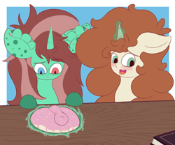 Size: 3000x2500 | Tagged: explicit, artist:vanifl, oc, oc:pure essence, oc:vanilla flavor, anus, blushing, butt, ear fluff, ear freckles, fangs, female, filly, foal, foalcon, food, freckles, frosting, heterochromia, high res, horn, imported from derpibooru, nudity, oc only, plot, ponut, pony, portal, unicorn, vulva