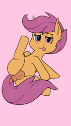 Size: 1080x1920 | Tagged: explicit, artist:howl echoes, scootaloo, anus, bedroom eyes, blushing, butt, female, filly, foal, foalcon, g4, hooves, imported from derpibooru, looking at you, nudity, pegasus, plot, ponut, pony, presenting, simple background, solo, solo female, tongue out, vagina, wings