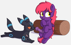 Size: 2712x1728 | Tagged: explicit, artist:heretichesh, oc, ambiguous gender, blushing, colt, crossover, eyes on the prize, foal, foalcon, imminent sex, imported from derpibooru, log, male, nudity, pegasus, penis, pokémon, pony, scar, shy, sitting, umbreon