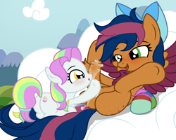 Size: 750x600 | Tagged: explicit, artist:ynery, oc, oc:solar comet, aftersex, balls, big penis, bow, butt, butt freckles, canon x oc, cock worship, coconut cream, cum, disguise, disguised changedling, duo, earth pony, eyelashes, foalcon, freckles, g4, green eyes, horsecock, imported from derpibooru, intersex, licking, licking cock, nudity, oral, pegasus, penis, plot, pony, sex, shipping, show accurate, show accurate porn, sock, tongue out