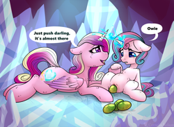 Size: 3000x2200 | Tagged: explicit, artist:cornelia_nelson, princess flurry heart, alicorn, belly, birth, broodmare, broodmother, changeling egg, changelings breeding ponies, duo, duo female, egg, egg laying, eggnant, english, female, filly, foal, foalcon, g4, high res, horn, horngasm, imported from derpibooru, mare, mother and child, mother and daughter, nudity, older, older flurry heart, orgasm, oviposition, pony, pregnant, pregnant flurry heart, pregnant foal, princess cadance, text, vaginal orgasm, vulva