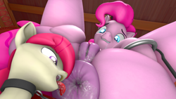Size: 1920x1080 | Tagged: explicit, semi-grimdark, artist:sicklysweet, pinkie pie, oc, oc:poet, 3d, alternate version, analingus, anus, ass, butt, canon x oc, collar, colt, drool, earth pony, foal, foalcon, g4, gift art, grin, imported from derpibooru, leash, legs in air, male, multiple variants, nudity, oral, ponut, pony, sex, smiling, source filmmaker, tongue out, vagina, vaginal secretions