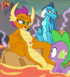 Size: 2450x2710 | Tagged: explicit, artist:succubi samus, spike, anus, bedroom eyes, dirty anus, dragon, dragon trio, dragoness, eyes on the prize, female, foalcon, g4, genitals, high res, imported from derpibooru, lava, lava bathing, male, nudity, part of a set, presenting, presenting pussy, princess ember, ship:spolder, shipping, show accurate, show accurate porn, smolder, spike gets all the dragons, spread pussy, straight, urethra, vagina, vulva, winged spike, wings
