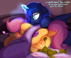 Size: 2631x2160 | Tagged: explicit, grotesque, artist:not_texmex, princess luna, scootaloo, alicorn, alternate version, anal insertion, anatomically correct, anus, bed, bedmessing, bedroom, bedwetting, blushing, clitoris, derpibooru exclusive, dock, enema, fetish, foalcon, g4, high res, horse apples, imported from derpibooru, insertion, laxative, lesbian, magic, nudity, pegasus, pissing, ponut, pony, poop, pooping, scat, ship:scootaluna, shipping, sleeping, text, urine, vulva, vulvar winking, watersports, wetting