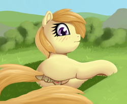 Size: 1235x1012 | Tagged: explicit, artist:cutelewds, anus, blushing, clitoris, dock, earth pony, female, filly, foal, foalcon, g4, imported from derpibooru, looking at you, looking back, looking back at you, lying down, noi, nudity, on side, outdoors, pony, presenting, solo, solo female, vulva, vulvar winking