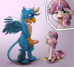 Size: 2500x2260 | Tagged: explicit, artist:cornelia_nelson, sweetie belle, balls, blushing, close-up, dildo, dildo sitting, duo, female, fetish, foalcon, g4, gallus, griffon, heart eyes, high res, imported from derpibooru, insertion, male, masturbation, nudity, penis, piss drinking, pissing, pissing together, pony, sex, sex toy, ship:gallbelle, tongue out, unicorn, urine, vaginal insertion, watersports, wingding eyes