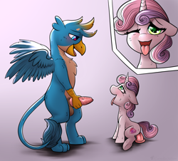 Size: 2500x2260 | Tagged: explicit, artist:cornelia_nelson, sweetie belle, blushing, close-up, dildo, dildo sitting, duo, female, foalcon, g4, gallus, griffon, heart eyes, high res, imported from derpibooru, insertion, male, masturbation, one eye closed, pony, sex, sex toy, ship:gallbelle, tongue out, unicorn, vaginal, vaginal insertion, wingding eyes, wink