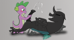 Size: 3100x1700 | Tagged: explicit, artist:goldyboi, spike, changeling, cum, cumming, dragon, foalcon, g4, gay, handjob, imported from derpibooru, male, masturbation, nudity, orgasm, penis, ship:thoraxspike, shipping, thorax