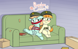 Size: 2328x1458 | Tagged: explicit, artist:heretichesh, badge, blushing, bondage, book, bound and gagged, box, clitoris, couch, crotchboobs, duo, earth pony, fanfic, fanfic art, fanfic cover, female, filly, filly guides, foal, foalcon, freckles, frog (hoof), g4, gag, hat, imported from derpibooru, looking at each other, nipples, nudity, peach fuzz, pony, ribbon, sitting, smug, tag-a-long, teats, text, title card, underhoof, vagina, vaginal secretions, vulva