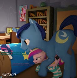 Size: 1609x1638 | Tagged: explicit, artist:mt800, princess celestia, twilight sparkle, 3d, age difference, balls, bed, big dom small sub, bookshelf, clothes, dialogue, female, filly, foal, foalcon, g4, horsecock, imported from derpibooru, infidelity, legwear, male, night light, nudity, penetration, penis, pony, poster, princess cadance, sex, ship:nightdance, shipping, socks, source filmmaker, spanish, stallion, stallion on filly, stockings, straight, striped socks, thigh highs, thrill of almost being caught, unicorn, unicorn twilight, vaginal, young cadance