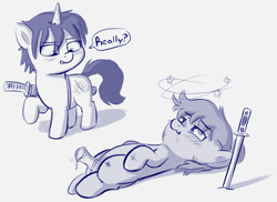 Size: 1187x864 | Tagged: explicit, artist:heretichesh, oc, oc:lotus flow, bruised, colt, disappointed, dizzy, earth pony, erection, female, filly, flustered, foal, foalcon, hair bun, horsecock, imported from derpibooru, katana, male, medial ring, nudity, penis, pony, precum, scabbard, sword, tomboy, unicorn, weapon