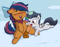 Size: 1870x1464 | Tagged: explicit, artist:heretichesh, oc, oc:solar comet, age difference, balls, band-aid, band-aid on nose, bandana, blushing, bow, cloud, colt, colt on stallion, disguise, disguised changedling, eyelashes, foal, foalcon, freckles, g4, gay, girly, hair bow, imported from derpibooru, licking, licking cock, lying down, lying on a cloud, male, nudity, on a cloud, oral, pegasus, penis, pony, rumble, sex, sock, stallion, tongue out