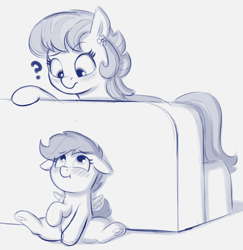 Size: 1154x1186 | Tagged: explicit, artist:heretichesh, scootaloo, :t, aunt and niece, aunt holiday, blushing, caught, confused, couch, earth pony, exhibitionism, eye contact, female, filly, floppy ears, foal, foalcon, frog (hoof), g4, imported from derpibooru, looking at each other, mare, masturbation, monochrome, pegasus, pony, question mark, spread wings, underhoof, vaginal secretions, wingboner, wings