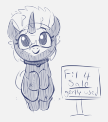 Size: 410x461 | Tagged: explicit, artist:heretichesh, oc, oc:s.leech, blatant lies, collar, cum, facial, female, filly, foal, foalcon, happy, imported from derpibooru, monochrome, pony, rough, sign, solo, solo female, text, unicorn