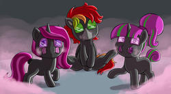Size: 2456x1359 | Tagged: explicit, artist:heretichesh, oc, oc:maple, oc:zew, oc:zippi, aphrodisiac, blushing, bulge touching, crotch bulge, female, filly, foal, foalcon, fog, gas mask, imported from derpibooru, latex, latex suit, mask, masturbation, oc only, pegasus, pony, rubber drone, shine, trio, unicorn