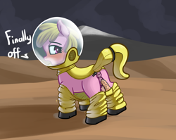 Size: 1867x1487 | Tagged: explicit, artist:cutelewds, oc, oc:puppysmiles, anus, blushing, butt, dildo, fallout equestria, fallout equestria: pink eyes, fanfic art, female, filly, foal, foalcon, hazmat suit, imported from derpibooru, insertion, nudity, oc only, plot, pony, sex toy, solo, solo female, vagina, vaginal insertion, vaginal secretions, vulva