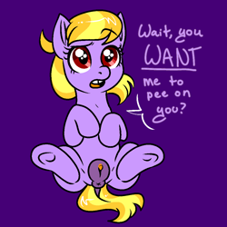 Size: 1000x1000 | Tagged: explicit, artist:vodkamewtwoni, oc, oc:lemon splash, anatomically correct, anus, dialogue, earth pony, female, fetish, filly, foal, foalcon, implied watersports, imported from derpibooru, looking at you, nudity, oc only, ponut, pony, purple background, red eyes, simple background, solo, solo female, vulva