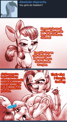 Size: 792x1437 | Tagged: explicit, artist:jaxonian, apple bloom, babs seed, 2 panel comic, ask, ask fapplebloom, babe seed, chest fluff, clitoris, clothes, comic, crotchboobs, cunnilingus, ear piercing, earring, earth pony, fapplebloom, female, filly, filly on stallion, foal, foalcon, foaldom, frog (hoof), g4, good boy, horsecock, imported from derpibooru, jewelry, male, nipples, nudity, oral, penis, piercing, pony, pony on pony action, sex, socks, stallion, tongue out, traditional art, tumblr, underhoof, vulva
