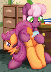 Size: 1525x2160 | Tagged: explicit, artist:not_texmex, scootaloo, alternate version, anal insertion, anatomically correct, anus, ass up, bent over, blushing, book, butt, casual nudity, cheerilee, derpibooru exclusive, desk, dock, drawer, earth pony, enema, female, females only, filly, foal, foalcon, g4, imported from derpibooru, insertion, laxative, lesbian, mare, nudity, office, plot, ponut, pony, scootabutt, vulva