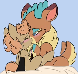 Size: 1619x1536 | Tagged: explicit, artist:steelsoul, oc, oc:himmel, blue background, colt, community related, cum, cute, cute porn, deer, deer on pony action, duo, earth pony, earth pony oc, eyes closed, female, floofjob, foal, foalcon, imported from derpibooru, kiss on the lips, kissing, male, pony, reindeer, sex, simple background, straight, straight shota, tail, tail wag, them's fightin' herds, velvet (tfh)