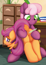 Size: 1525x2160 | Tagged: explicit, artist:not_texmex, scootaloo, anatomically correct, anus, ass up, bent over, blushing, book, casual nudity, cheerilee, derpibooru exclusive, desk, dock, drawer, earth pony, female, females only, filly, foal, foalcon, g4, imported from derpibooru, lesbian, mare, nudity, office, ponut, pony, rectal thermometer, vulva