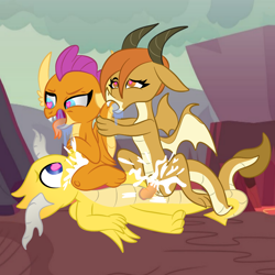 Size: 1080x1080 | Tagged: explicit, artist:lichtman17, oc, oc:scribe scales, ahegao, anus, bisexual, biting, cum, disguise, disguised changeling, dragon, dragon ocellus, dragoness, female, femdom, foalcon, g4, group sex, heart eyes, imported from derpibooru, insertion, lesbian, male, malesub, nudity, ocellus, open mouth, oral, salivating, sex, show accurate, show accurate porn, smolder, squirting, submissive, tail bite, tail sucking, tongue out, trio, vaginal insertion, vaginal secretions, wingding eyes