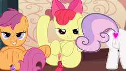 Size: 1280x720 | Tagged: explicit, editor:angrymetal, apple bloom, scootaloo, sweetie belle, 1000 hours in ms paint, anal insertion, bedroom eyes, butt, buttplug, cutie mark crusaders, earth pony, foalcon, g4, imported from derpibooru, insertion, legs in air, looking at you, nudity, pegasus, plot, pony, sex toy, show accurate, unicorn, vagina, vulva