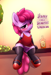 Size: 2430x3514 | Tagged: explicit, artist:whiskeypanda, alcohol, bedroom eyes, berry punch, blushing, bottomless, christmas, christmas decoration, christmas wreath, clothes, commando, countertop, dark genitals, decoration, dialogue, dock, dress, drunk, earth pony, female, foalcon, g4, go home you're drunk, hearth's warming, hearth's warming eve, high heels, high res, holiday, human shoulders, imported from derpibooru, legwear, looking at you, mare, mary janes, no panties, nudity, pony, present, presenting, presenting pussy, shoes, sitting, socks, solo, solo female, spread legs, spreading, thigh highs, vulva, wreath