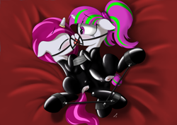 Size: 4960x3508 | Tagged: explicit, artist:salemcat, oc, oc:zew, oc:zippi, anus, ballgag, blushing, bondage, bound together, bridle, clitoris, crotchboobs, crotchless, dock, duo, duo female, erect nipples, eyes closed, female, floppy ears, foalcon, gag, genitals, horn, horn ring, imported from derpibooru, latex, latex suit, magic suppression, nipple outline, nudity, pony, ring, shared gag, spreader bar, tack, teats, unicorn, vaginal secretions, vulva