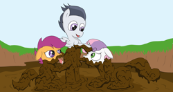 Size: 1400x746 | Tagged: explicit, artist:amateur-draw, scootaloo, sweetie belle, bipedal, bipedal leaning, blowjob, butt touch, colt, covered in mud, female, ffm threesome, filly, filly on colt, foal, foalcon, g4, group sex, imported from derpibooru, leaning, male, mare, mud, mud pit, muddy, nudity, oral, pegasus, penis, pony, request, requested art, rim job, rumble, sex, simple background, straight, threesome, unicorn, wet and messy