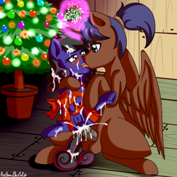 Size: 2500x2500 | Tagged: explicit, artist:anibaruthecat, oc, oc:arc comet, oc:lightning bolt, age difference, alicorn, anal, anal creampie, anal orgasm, blushing, bondage, bow, christmas, christmas tree, covered in cum, creampie, cum, cumming, earth pony, father and child, father and daughter, female, filly, foal, foalcon, french kiss, from behind, hands free, hearth's warming, high res, holiday, imported from derpibooru, incest, kissing, male, mistletoe, orgasm, penetration, pony, sex, simultaneous orgasm, stallion, stallion on filly, straight, tooth gap, tree, vaginal secretions