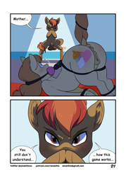 Size: 1732x2417 | Tagged: explicit, artist:amaichix, button mash, oc, oc:cream heart, comic:smash the mare, age difference, anus, ass up, ballgag, balls, bdsm, bondage, bound, butt, canon x oc, clitoris, colt, colt on mare, comic, controller, creambutt, dialogue, dock, earth pony, earth pony oc, face down ass up, female, femsub, foal, foalcon, g4, gag, gendo pose, imminent incest, imminent sex, imported from derpibooru, male, maledom, mare, milf, mother, mother and child, mother and son, nudity, playstation, playstation move, plot, ponut, pony, pony on pony action, sheath, sheathed, ship:buttoncest, shipping, small dom big sub, son, straight, straight shota, submissive, tail, tail pull, underhoof, vulva, vulvar winking