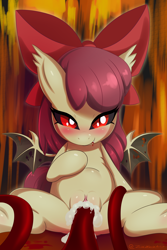Size: 3456x5184 | Tagged: explicit, artist:zionworldartist, apple bloom, abstract background, alternate version, bat ponified, bat pony, blushing, bow, creampie, cum, cumming, female, filly, foal, foalcon, g4, hair bow, human vulva on pony, imported from derpibooru, nudity, penetration, pony, puffy vulva, race swap, red eyes, sex, sitting, smiling, solo, solo female, spread legs, spread wings, spreading, tentacle porn, tentacles, tentacles on female, underhoof, vaginal, vulva, wings