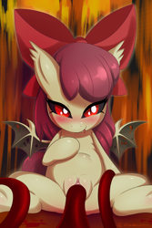 Size: 3456x5184 | Tagged: explicit, artist:zionworldartist, apple bloom, abstract background, alternate version, bat ponified, bat pony, blushing, bow, female, filly, foal, foalcon, g4, hair bow, human vulva on pony, imported from derpibooru, nudity, penetration, pony, puffy vulva, race swap, red eyes, sex, sitting, smiling, solo, solo female, spread legs, spread wings, spreading, tentacle porn, tentacles, tentacles on female, underhoof, vaginal, vulva, wings