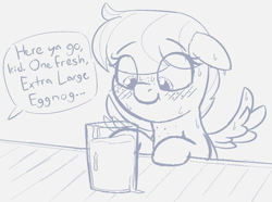 Size: 1300x966 | Tagged: explicit, artist:heretichesh, oc, oc:apogee, bar, blushing, counter, cum, cum in container, cum in glass, dialogue, female, filly, foal, foalcon, imported from derpibooru, oc only, pegasus, pony, solo, solo female, spread wings, text, wingboner, wings