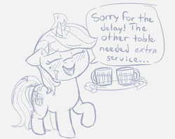Size: 1027x816 | Tagged: explicit, artist:heretichesh, aftersex, alcohol, beer, blushing, cum, cum on butt, dialogue, facial, female, filly, foal, foalcon, imported from derpibooru, magic, magic aura, platter, pony, solo, solo female, text, unicorn, waitress