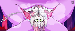 Size: 3033x1263 | Tagged: explicit, artist:saintmuerte, sweetie belle, twilight sparkle, anus, butt, digital art, fetish, foalcon, g4, hooves, horn, imported from derpibooru, macro/micro, nudity, onomatopoeia, open mouth, plot, ponut, pony, salivating, size difference, sound effects, twipred, unicorn, vore, vulva, willing prey, willing vore